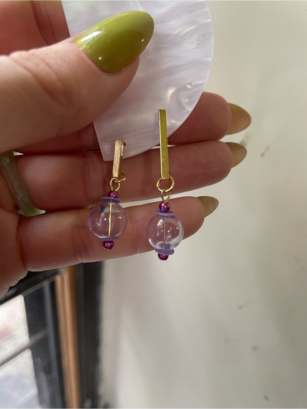 Gold Bar Drop Earrings with Clear and Purple Glass Beads